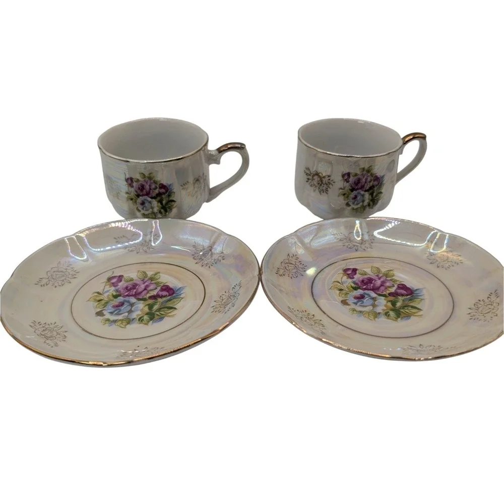 Vintage Seyei Fine China Demitasse Cups and Saucers Iridescent Floral Set of Two